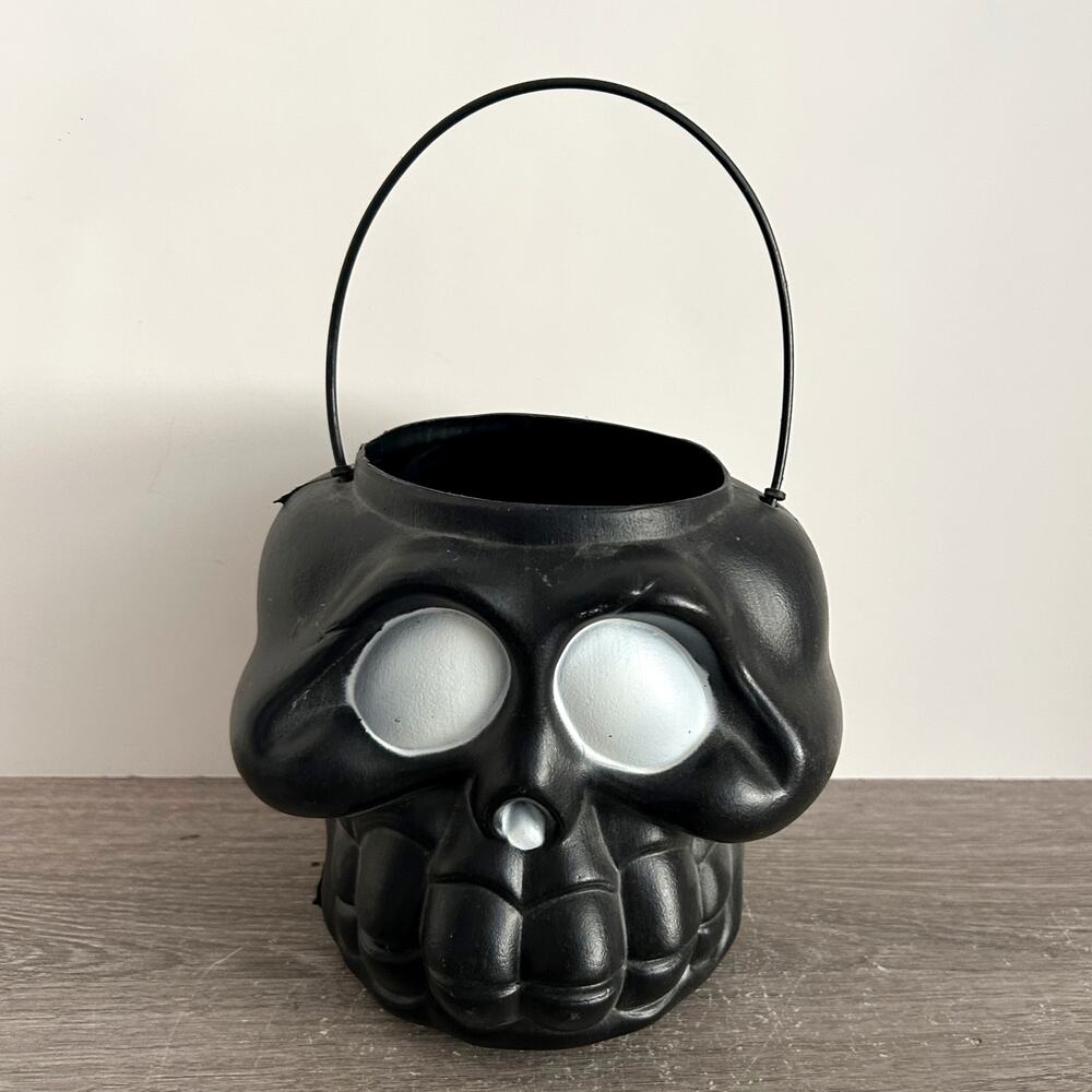 Black Skull Blow Mold Trick Or Treat Pail 6” Halloween Made In USA Vintage EUC